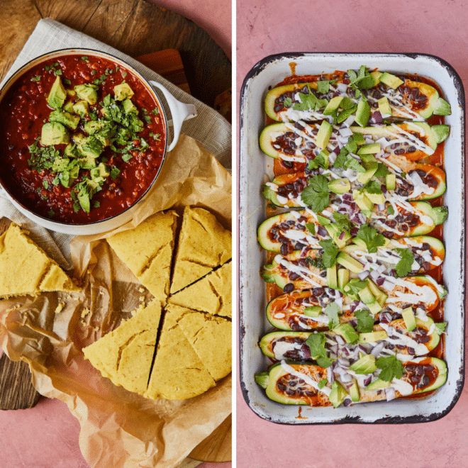 Zwei Abendessen mit schwarzen Bohnen – Enchilada-Zucchiniboote und vegetarisches Chili mit veganem Maisbrot