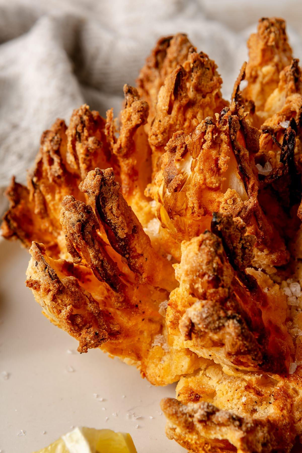 Nahaufnahme einer golden-braunen, perfekt gegarten blühenden Zwiebel aus der Heißluftfritteuse, die auf einem dunklen Teller präsentiert wird.