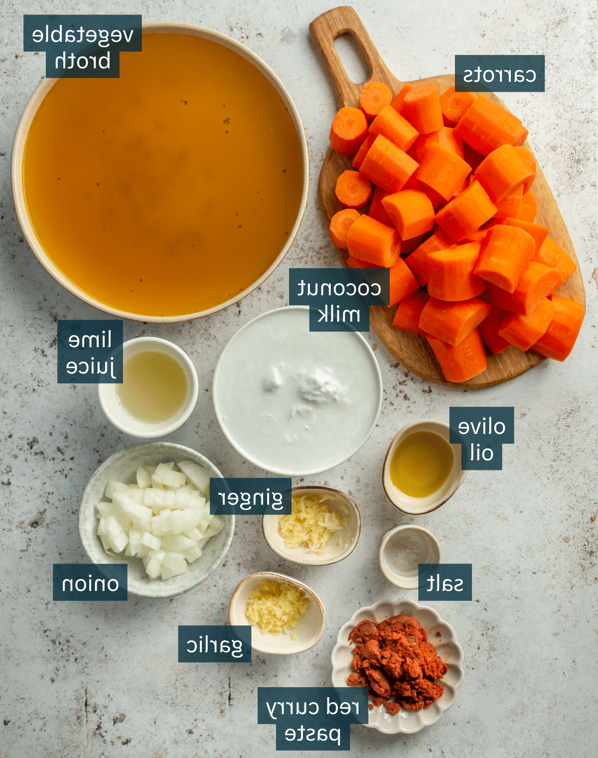 Alle Zutaten für die Thai-inspirierte Karottensuppe, portioniert in Schalen auf einer grauen Steinoberfläche.