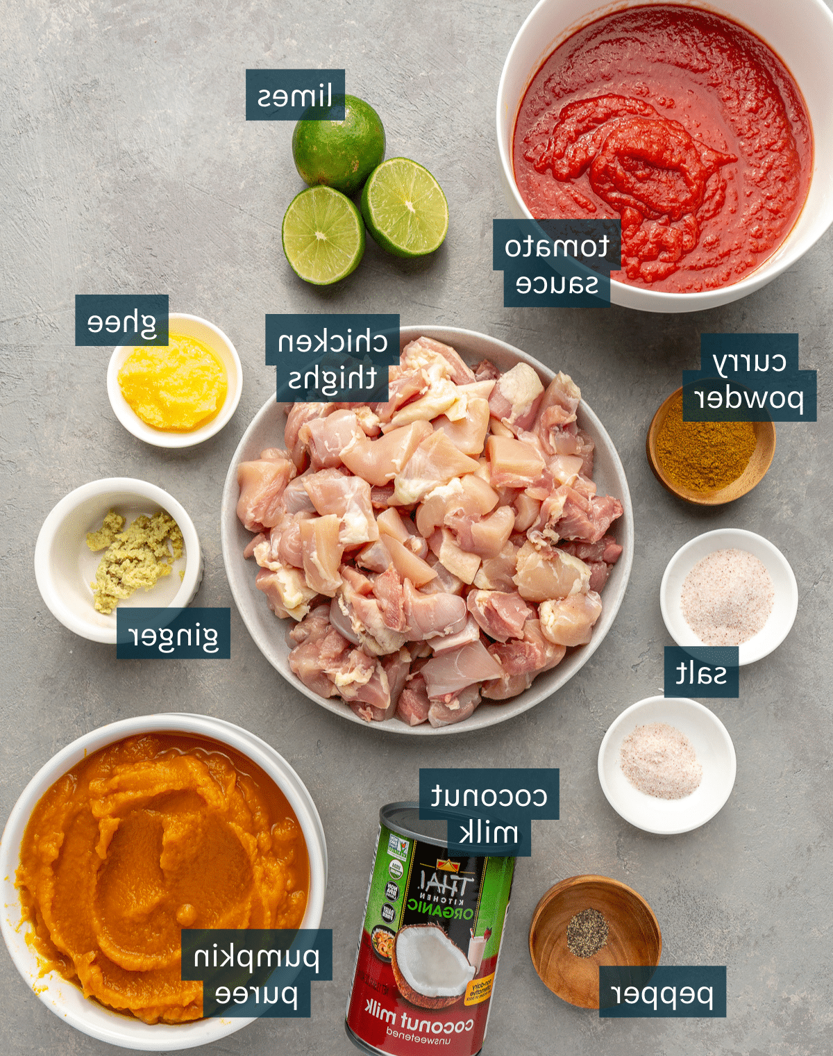 Einfaches Kürbiscurry-Rezept 3 Zutaten für Kürbis-Curry in verschiedenen Schüsseln auf hellem Hintergrund.