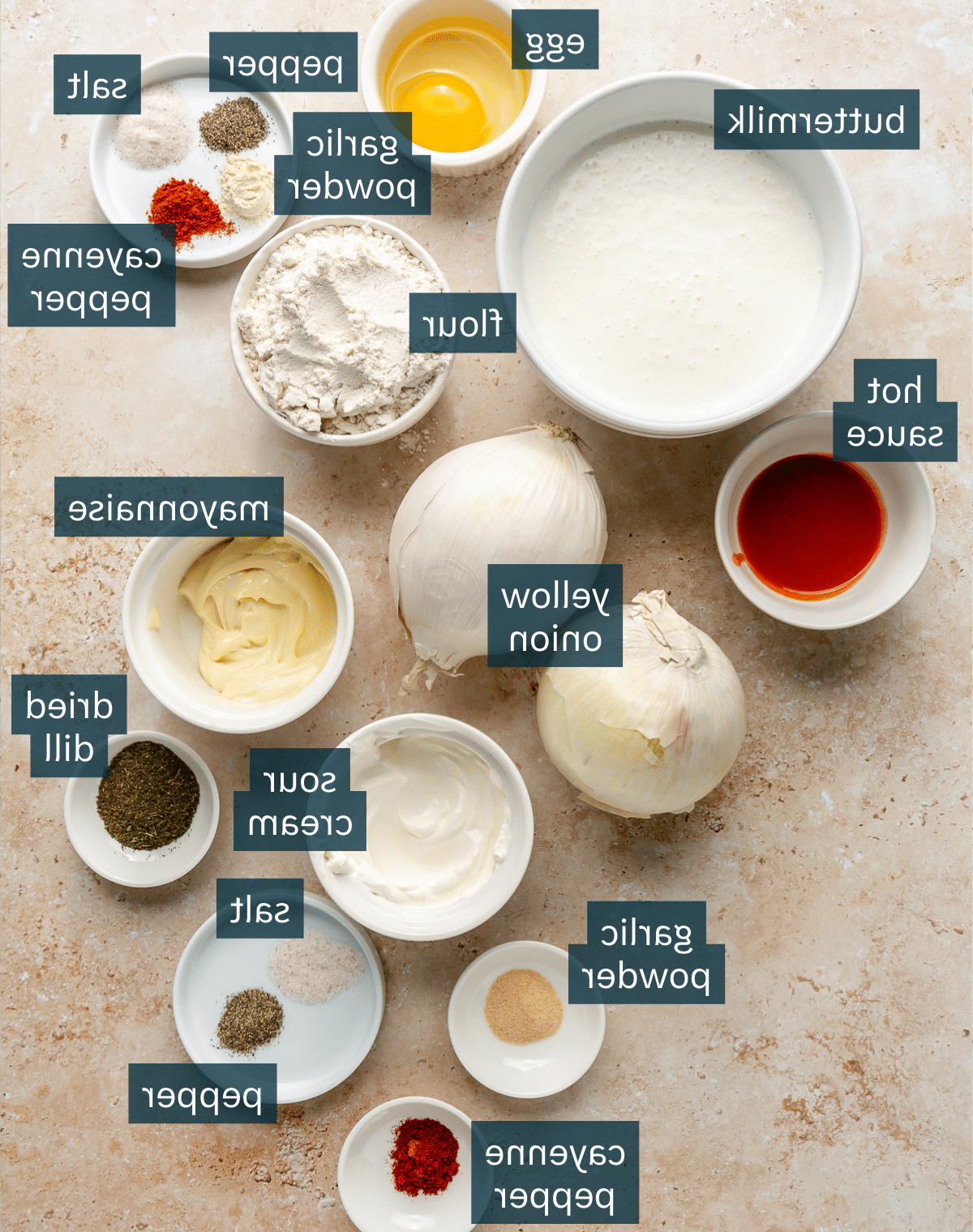 Eine Auswahl an frischen Zutaten, darunter eine große gelbe Zwiebel, eine Flasche Buttermilch, eine Schale mit Mehl und verschiedene Gewürze, sind für die Zubereitung der blühenden Zwiebel arrangiert.