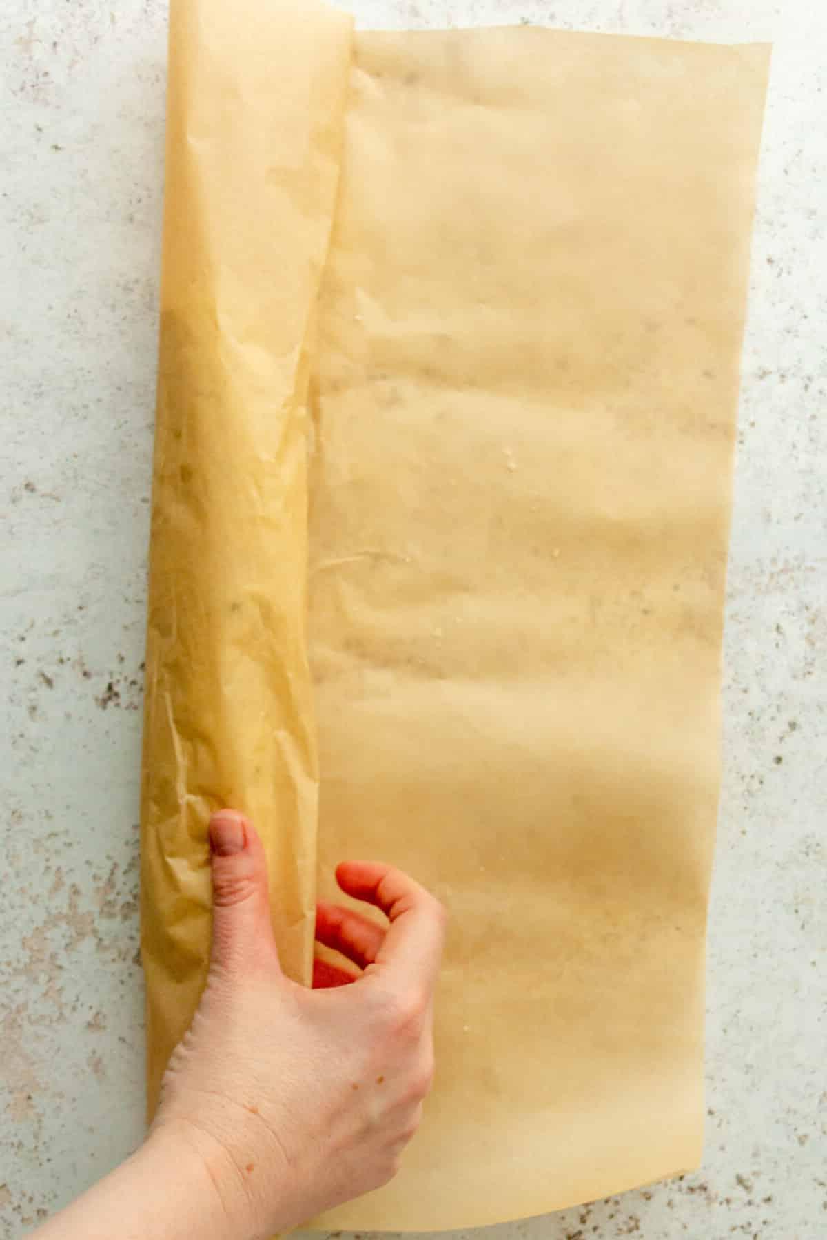 Keksteig wird in Backpapier zu einer Rolle geformt auf hellem grauem Untergrund.